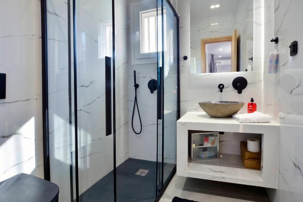 Second bathroom with walk-in shower and stone basin